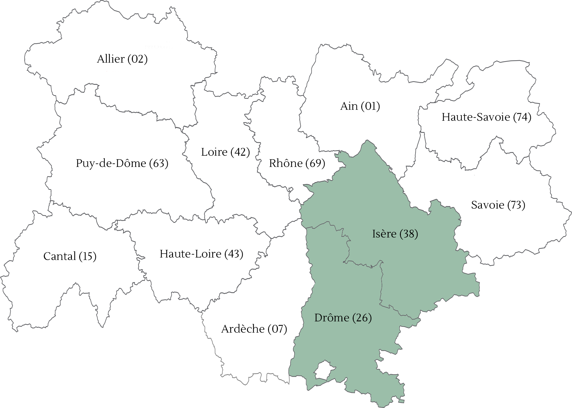 Carte Auvergne Rhône-Alpes avec département où LG Form'Optique fait des remplacements