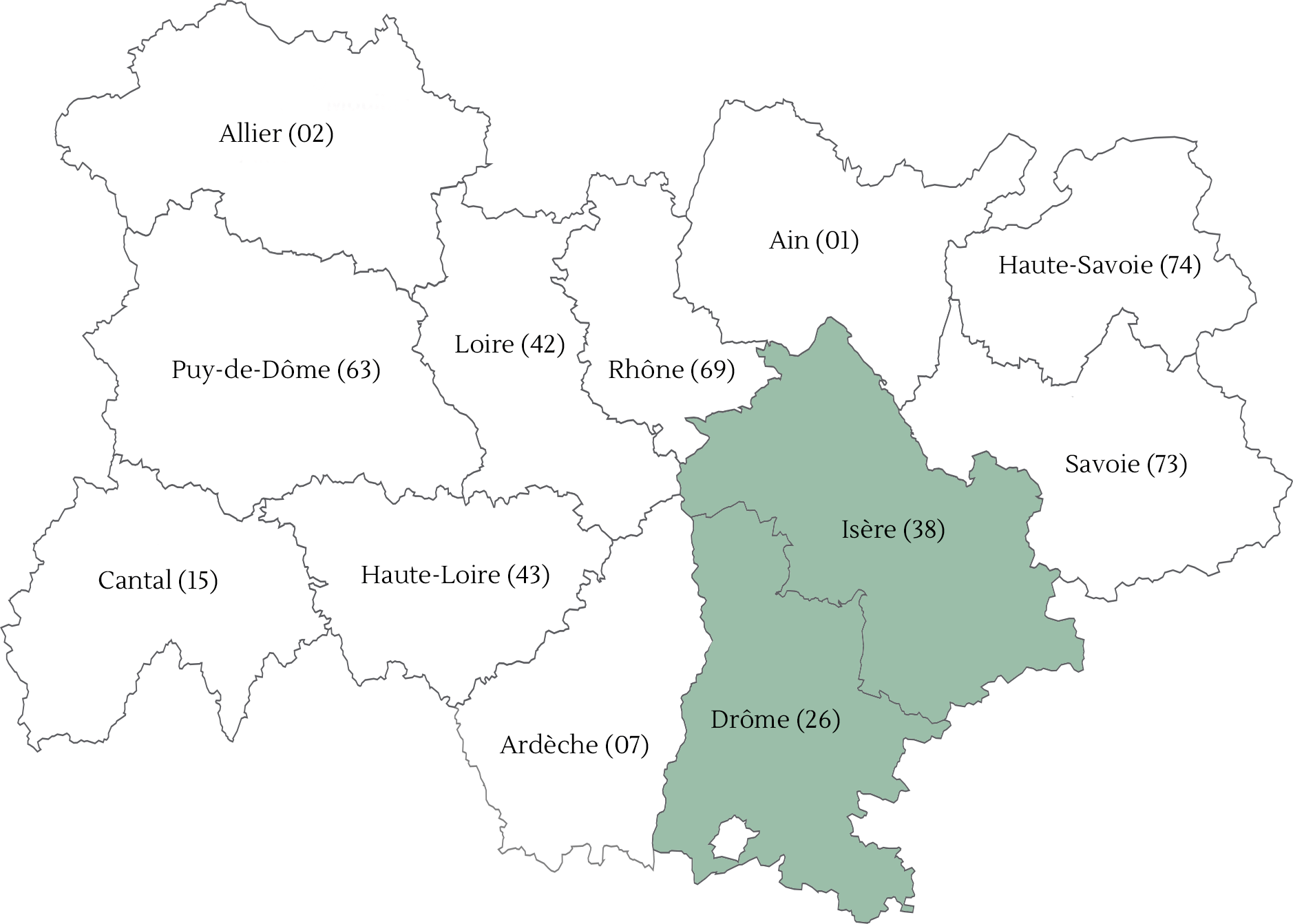 Carte Auvergne Rhône-Alpes avec département où LG Form'Optique fait des remplacements